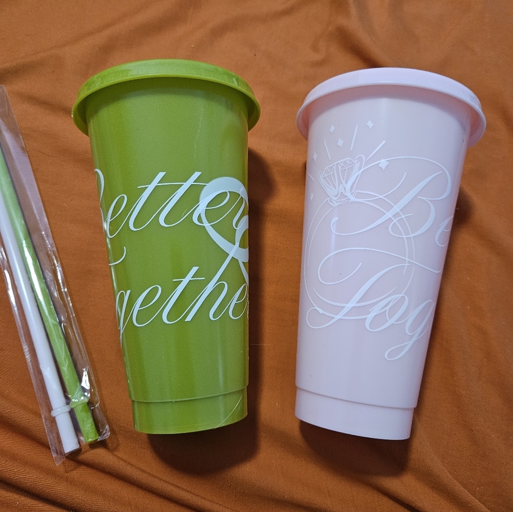 New Bride And Groom Green and Pink 'Better Together' Cups with Straws